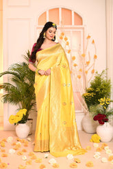 Lemon Yellow Pure Katan Chiniya Silk Banarasi Handloom Saree With Kadhua Meenakari Border And Boota